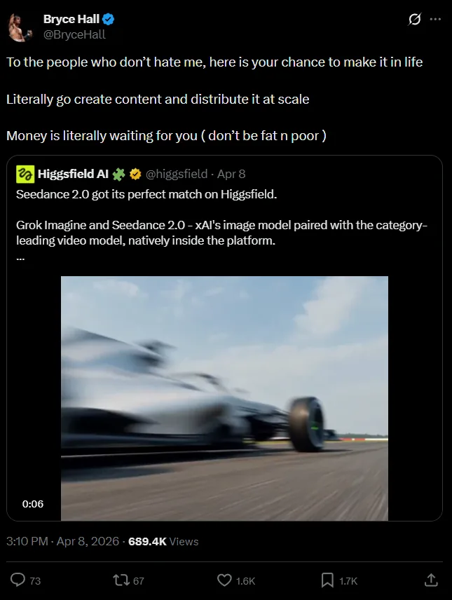 Bryce Hall posting about Higgsfield on X, 689.4K views